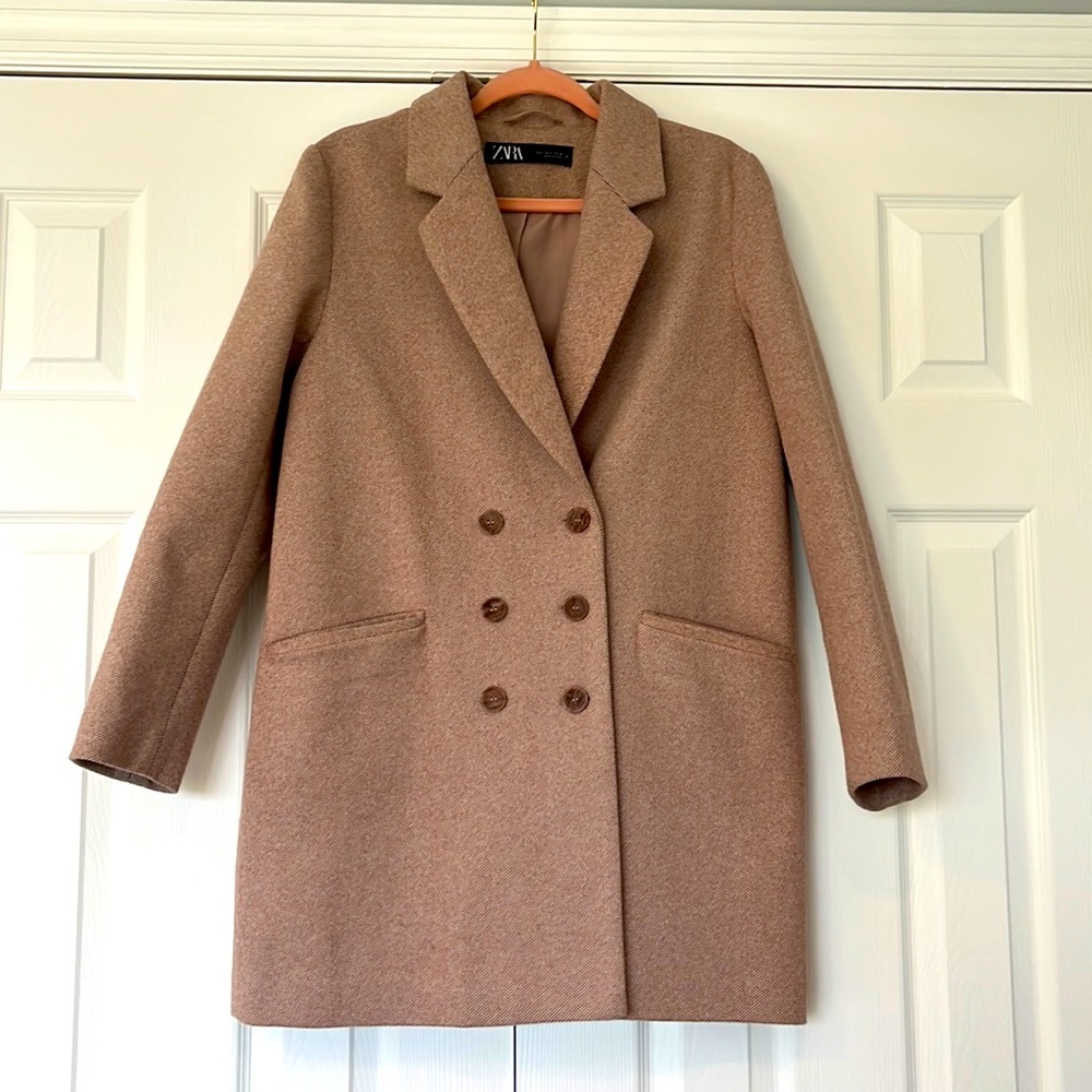 menswear inspired double breasted coat in pink tweed - size S